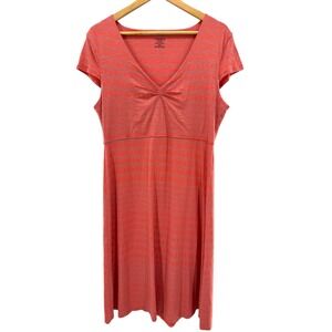 Toad & Co‎ Rosemarie Dress Coral Geometric Print V Neck Knot Detail Midi Large